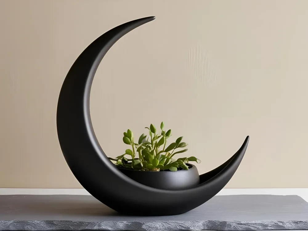 Decoración de media luna con maceta elíptica